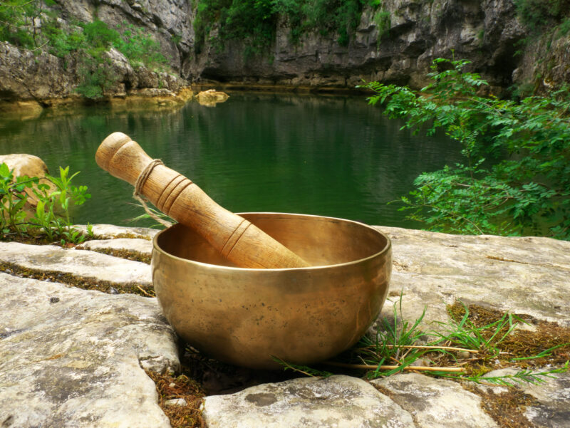 A closeup of a singing bowl placed in nature with the river in the background